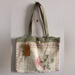 Quilted Floral Tote Bag in Sage Green and Cream